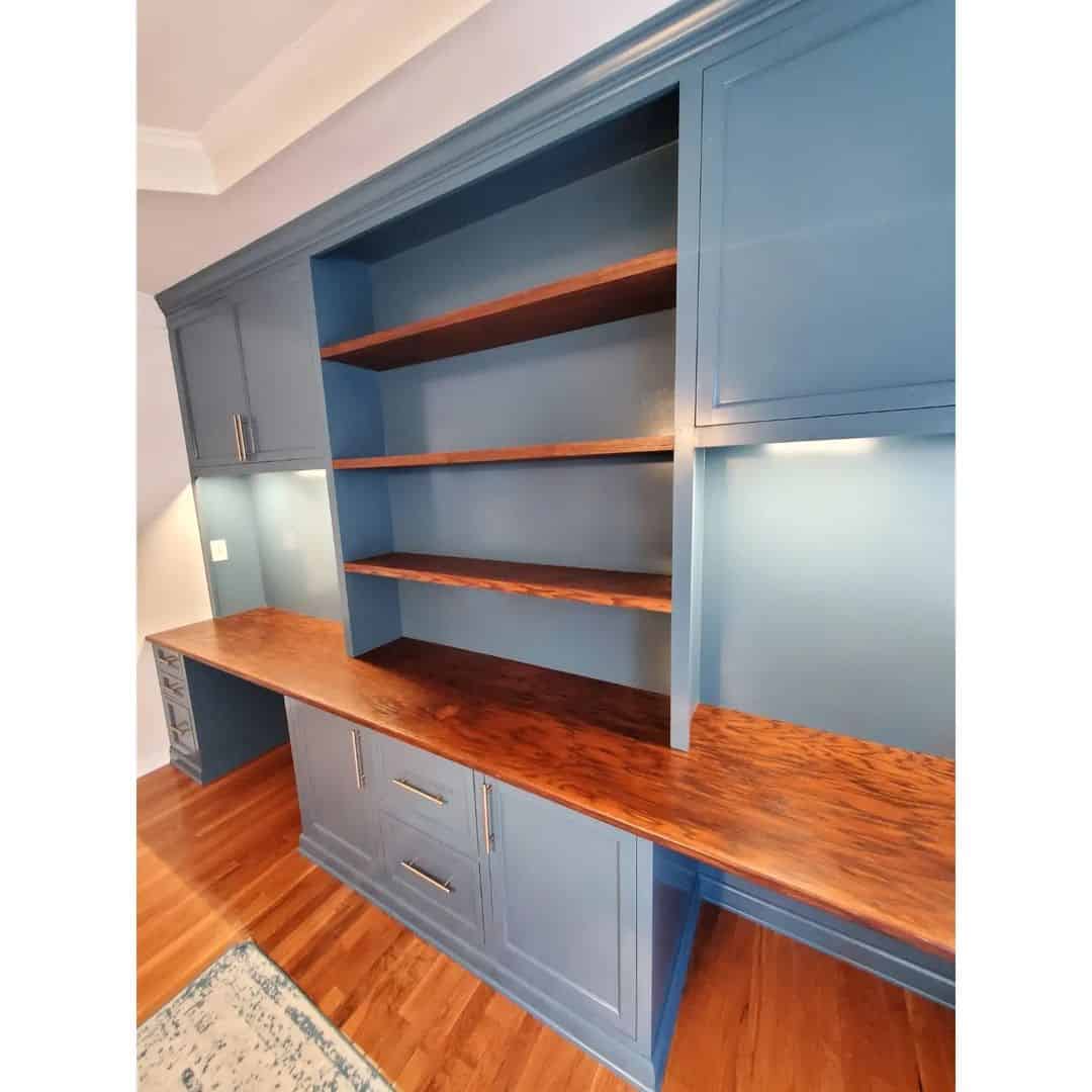 Blue And Wood Built-In Desk And Shelves