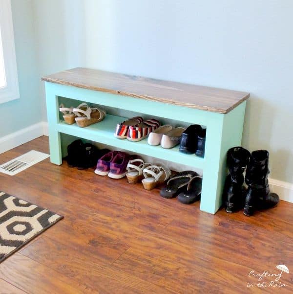 DIY Painted Shoe Bench with Stained Top