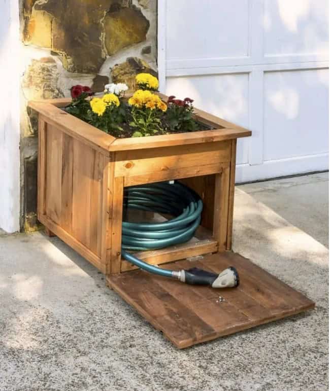 Hose Holder with Wooden Planter