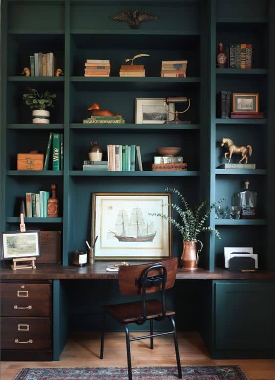 Rustic Wood and Green Built-in Desk with Cabinetry