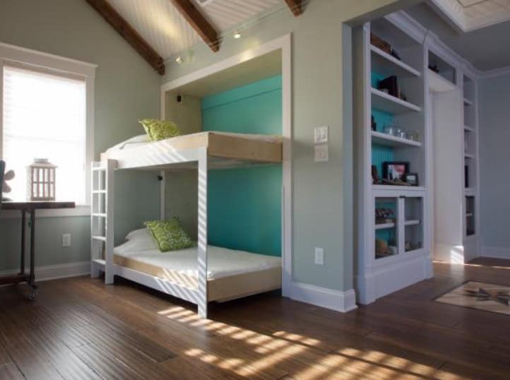 Side Folding Murphy Bunk Bed with Turquoise Wall Accent