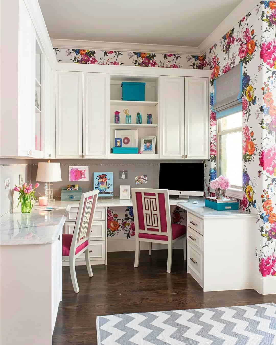 U-Shaped Desk with Storage and Colorful Floral Wall Mural