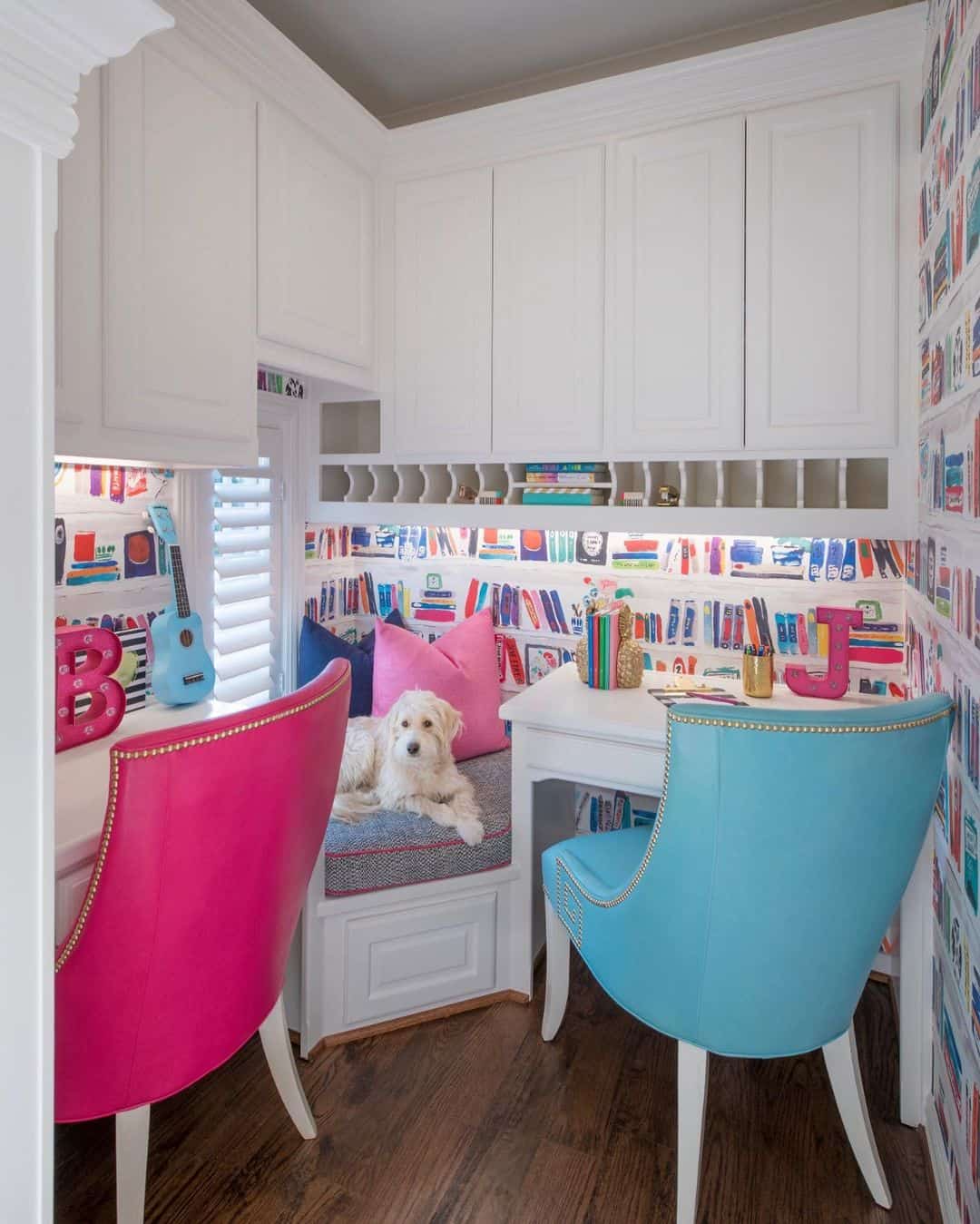 White Built-In Cabinets and Desks with a Colorful Wallpaper