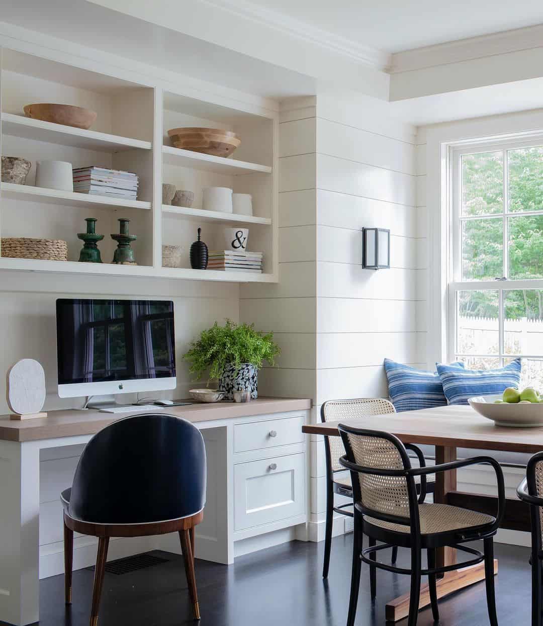 White Built-In Office Desk Ideas In Dining Area