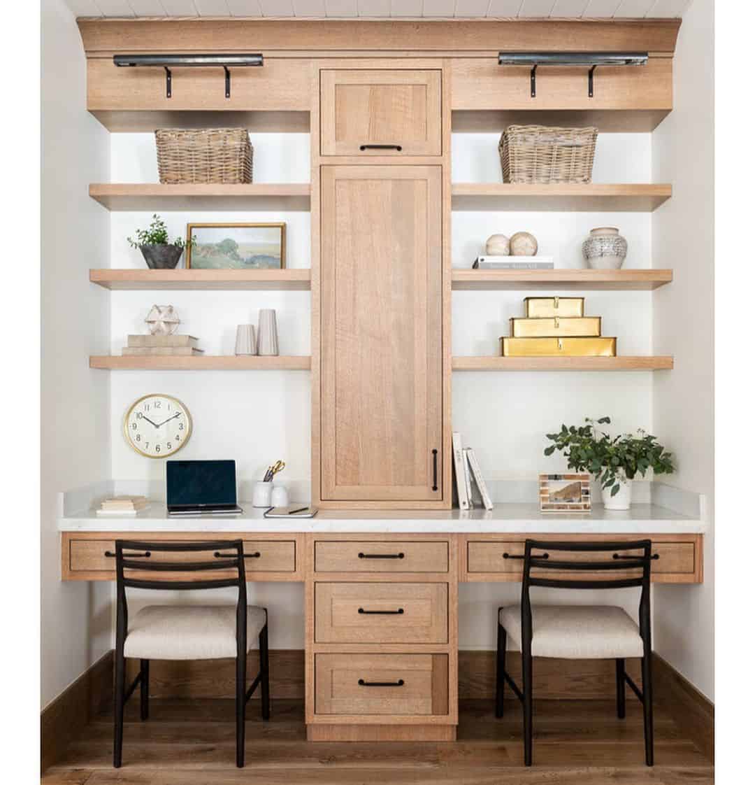 Wooden Built-In Desks With Overhead Floating Shelves