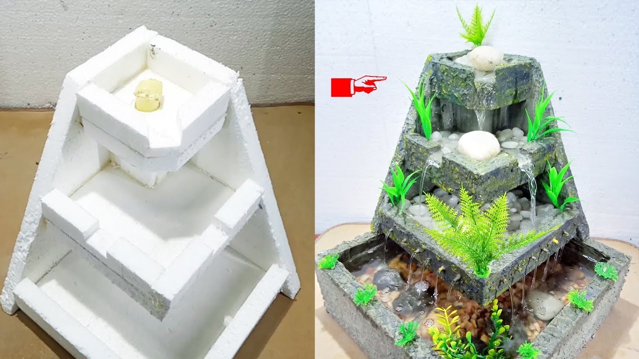 Mini Water Fountain Waterfall Using Styrofoam and Cement